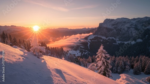 A picturesque view of the sun setting over a snow-covered mountain. Perfect for nature and landscape photography. © Fotograf