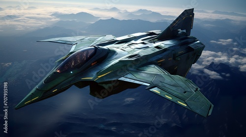futuristic air space fighter jet, military fiction aircraft taking combat, fantastic army jet photo