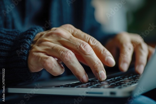 A close-up view of a person's hands typing on a laptop keyboard. Suitable for illustrating work, technology, or productivity concepts