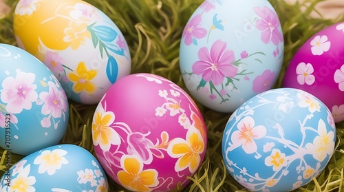 Vibrant Painted Easter Eggs with Floral Detail in Stunning Close-Up,Generative AI photo