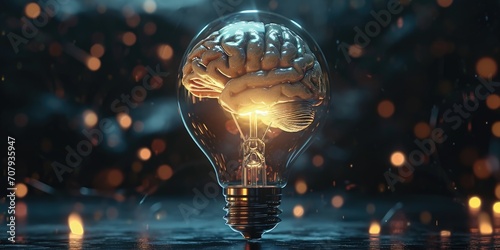 A light bulb with a brain inside, representing intelligence and creativity. Can be used to depict ideas, innovation, and bright thinking. photo
