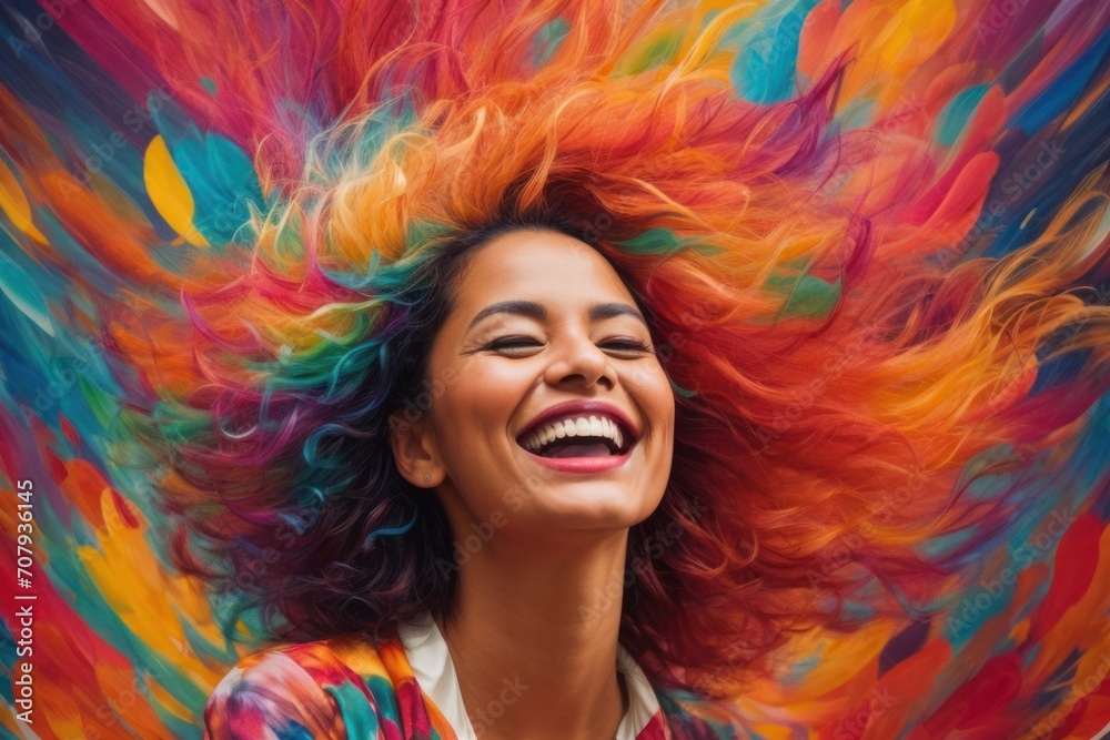 happiness latin woman with colorful background - obrazy, fototapety, plakaty 