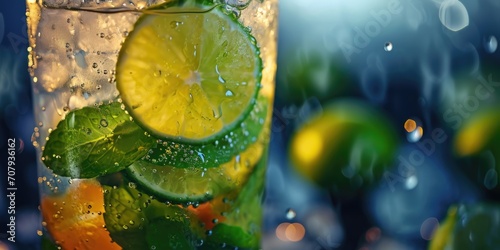 A glass of water filled with slices of lime, oranges, and fresh mint leaves. Perfect for a refreshing drink on a hot summer day or as a healthy detox beverage.