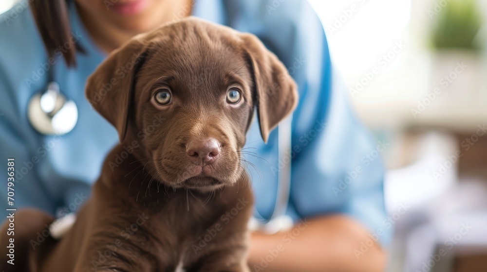 Φωτογραφία Photo of a brown Labrador Retriever puppy being examined by a veterinarian at a