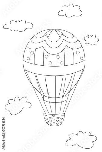 Outline hot air balloon in the sky with clouds