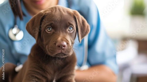 Photo of a brown Labrador Retriever puppy being examined by a veterinarian at a veterinary clinic photo