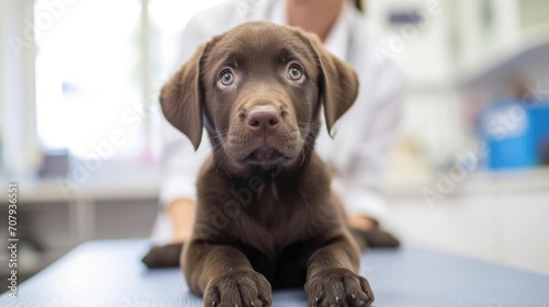 Photo of a brown Labrador Retriever puppy being examined by a veterinarian at a veterinary clinic