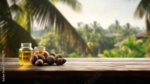 An antique wooden table featuring oil palm fruits and a palm plantation in the distance, space, Generative AI. photo