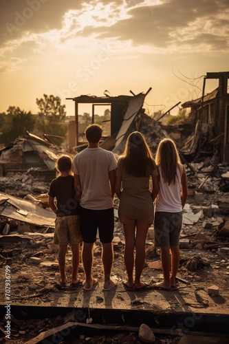 back view of refugee family looking at destroyed home after war, desperate people near demolished house after natural disaster