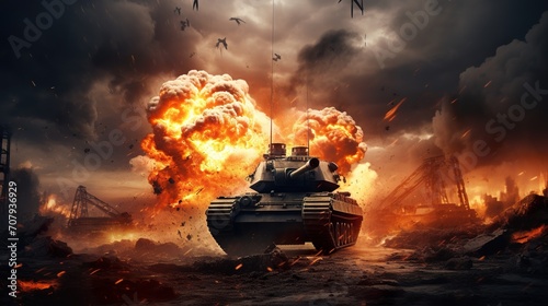 heavy modern armored tank fire at battlefield, war and battle concept