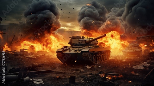 heavy modern armored tank fire at battlefield, war and battle concept