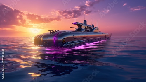 modern submarine at open sea water, army nautical vessel over ocean ,in style of purple cyberpunk photo