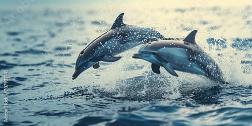 Two dolphins jumping out of the water. Ideal for marine life and nature-themed projects © Fotograf
