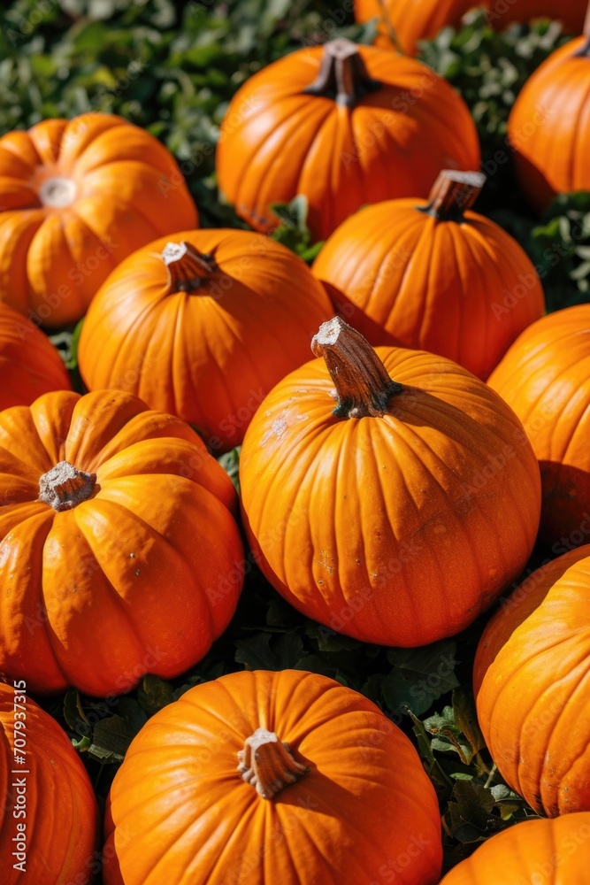 A bunch of orange pumpkins sitting on top of a lush green field. Ideal for autumn-themed projects or Halloween decorations A bunch of orange pumpkins sitting on top of a lush green field. Ideal for autumn-themed projects or Halloween decorations