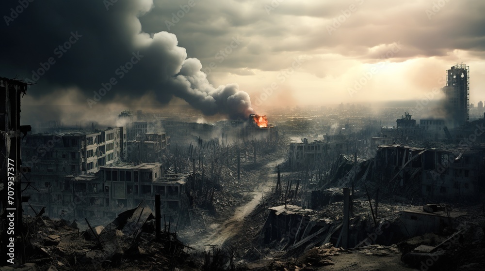 Fototapeta premium destroyed city after battle at war, demolished cityscape