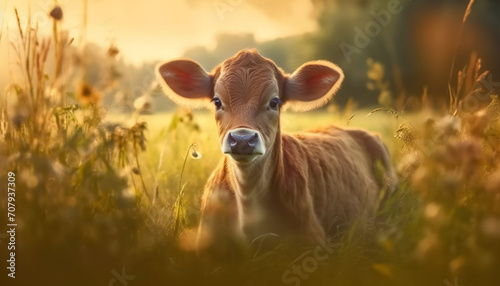 Cute cow grazing in green meadow under the summer sun generated by AI