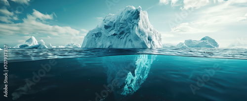 A half-submerged iceberg in the ocean. Concept of hidden danger