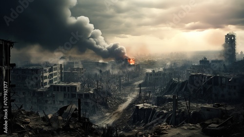 destroyed city after battle at war, demolished cityscape photo