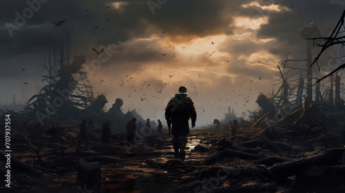 silhouette of soldier standing on devastated land after battle, military infantry warrior on battlefield on ruined city background, conflict zone concept