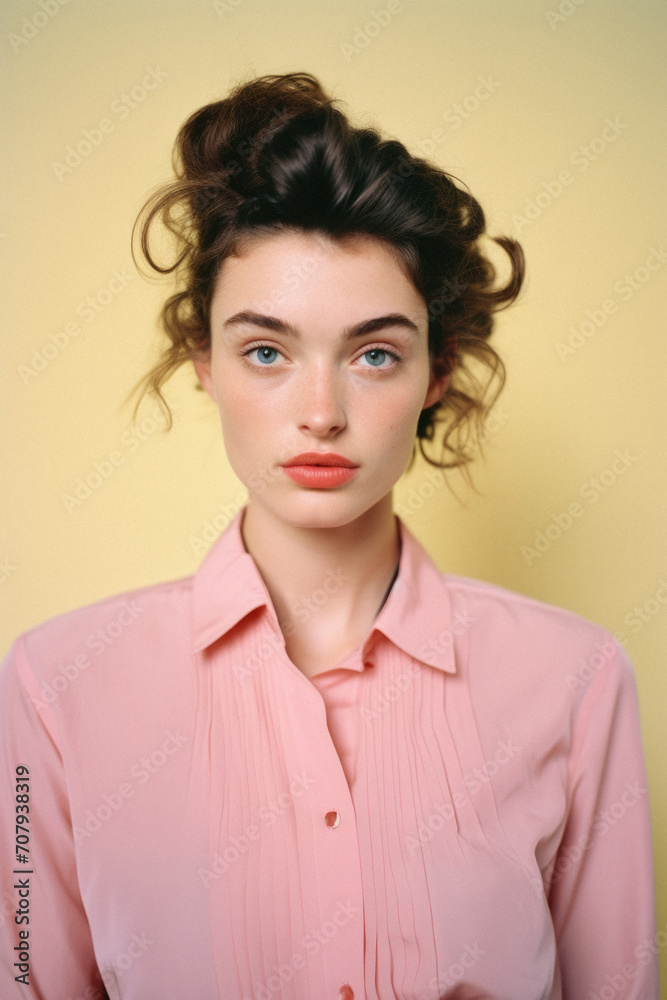 Portrait of beautiful young woman with makeup in fashion clothes on yellow background