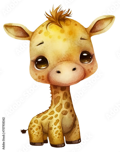 Illustration of a cute cartoon watercolor giraffe. Tropical animals. Ai generated. Transparent background, png