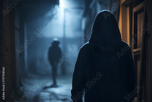 Man in hood following person in dark alley at night. Concept for crime, robbery and assault