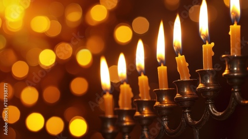 Glowing menorah candles lighting up with tradition during Hanukkah celebration © maniacvector