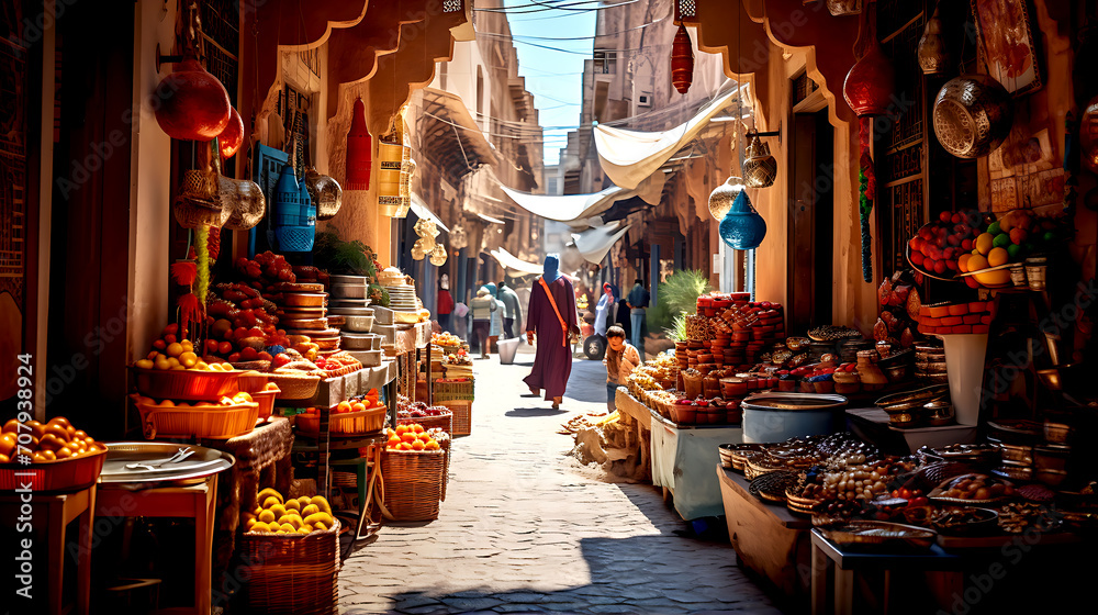 Fototapeta premium A bustling marketplace in Morocco, filled with vibrant textiles, spices, and crafts that embody the essence of Moroccan culture