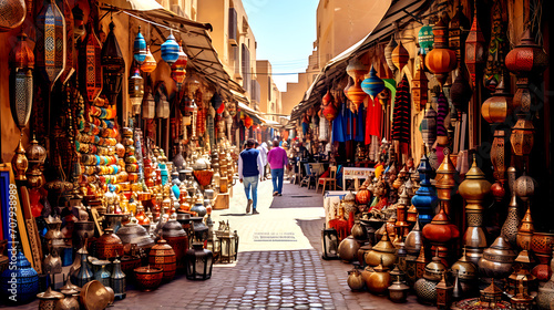 A bustling marketplace in Morocco  filled with vibrant textiles  spices  and crafts that embody the essence of Moroccan culture