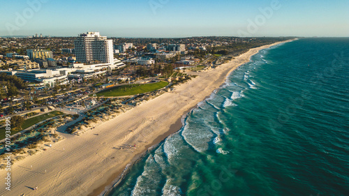 wide panoramic view of the stunning Scarborough Beach and its beach front in Perth, Western Australia