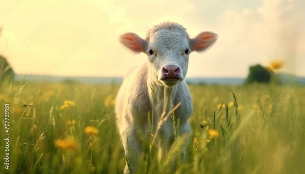 Cute cow grazing in green meadow, surrounded by tranquil nature generated by AI