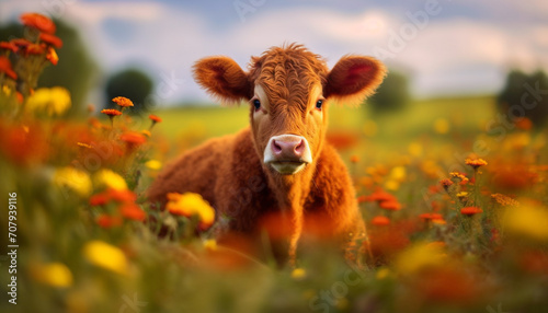Young cow grazing in a meadow  surrounded by fresh green grass generated by AI
