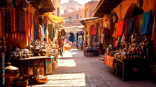 A bustling marketplace in Morocco, filled with vibrant textiles, spices, and crafts that embody the essence of Moroccan culture