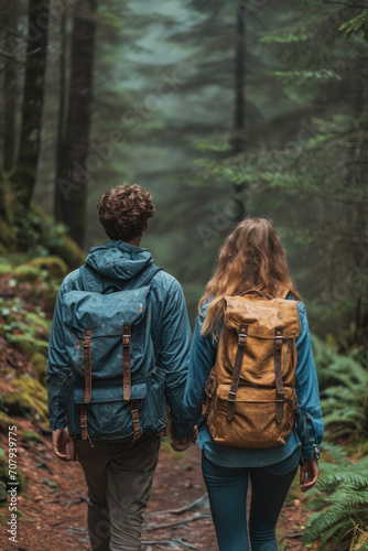 Junges Paar wandert mit Rucksack durch den Wald © Fatih