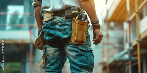 A man wearing a tool belt on his back, ready for work. Versatile image suitable for construction, home improvement, or DIY projects