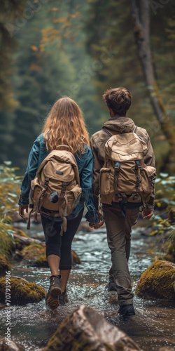 Junges Paar wandert mit Rucksack durch den Wald