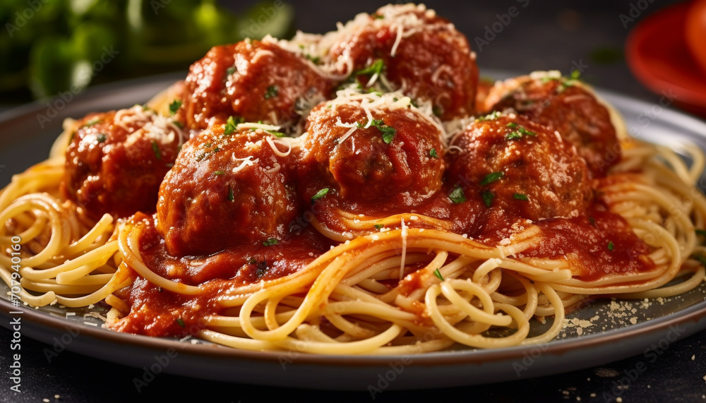 Gourmet pasta plate, close up of homemade bolognese sauce, refreshing freshness generated by AI Gourmet pasta plate, close up of homemade bolognese sauce, refreshing freshness generated by AI