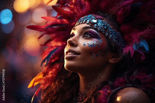 Garota viendo el espectáculo de carnaval, con un disfraz de plumas de colores vibrantes, la cara pintada, Close-up, primer plano, movida por el espíritu festivo, mujer jóven morena, vista perfil  photo