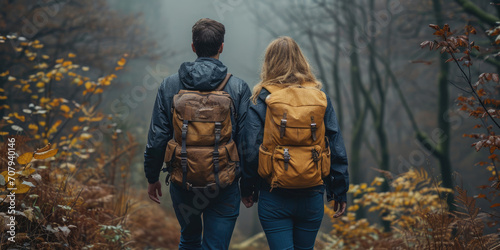 Junges Paar wandert mit Rucksack durch den Wald