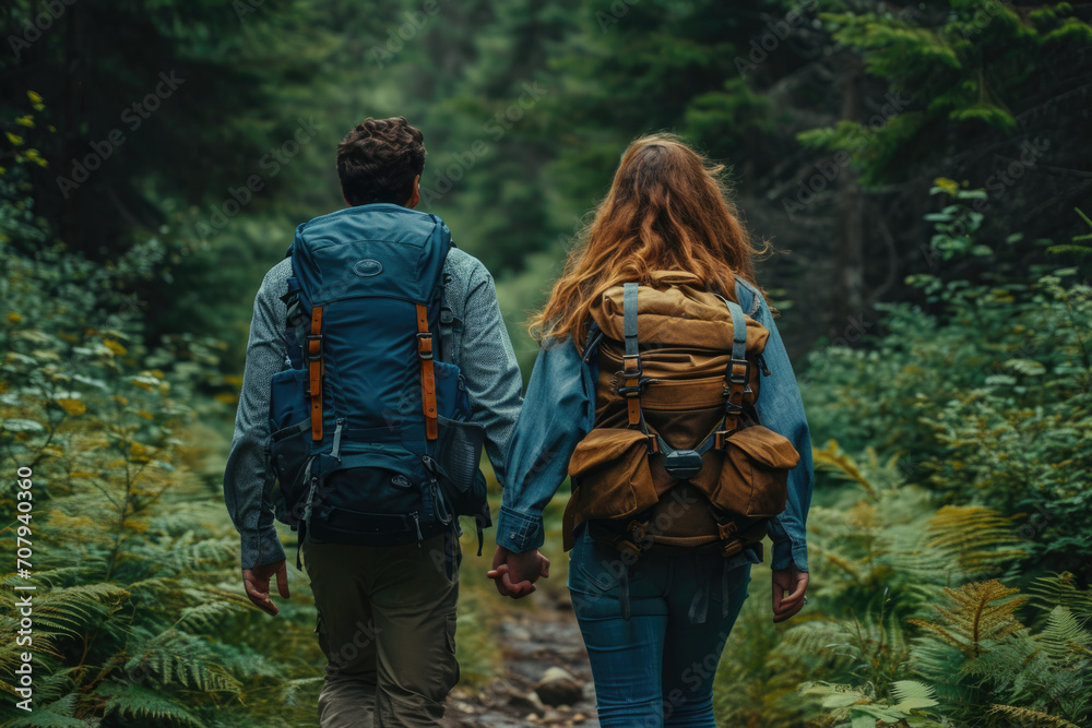 Junges Paar wandert mit Rucksack durch den Wald Junges Paar wandert mit Rucksack durch den Wald