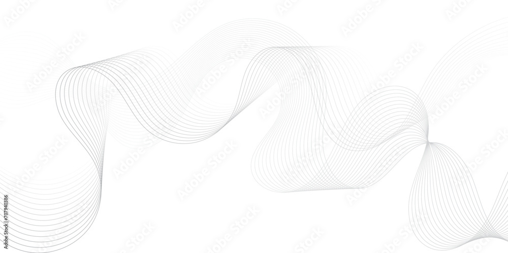 Abstract grey, white smooth element swoosh speed wave modern stream background. Wave with lines created using blend tool. Abstract frequency sound wave lines and twisted curve lines background.