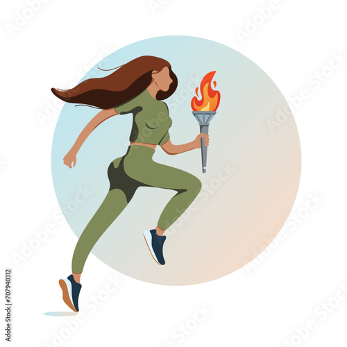 Torchbearer, vector illustration of running athletic woman with Olympic flame.Paris olympics games 2024 . 