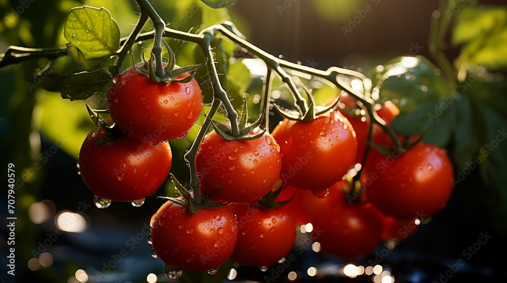 Ripe tomatoes growing on a branch with green leaves in the garden. Sunny day. Bokeh effect. AI generative