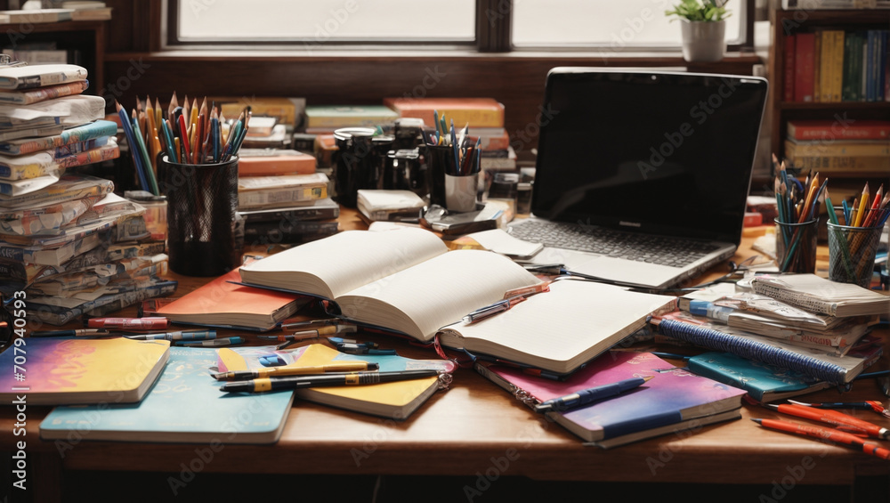 The student's desk is littered with textbooks and notebooks, and colorful pens and pencils are scattered around. generative AI