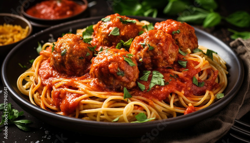 Gourmet pasta meal, fresh meatball, homemade bolognese sauce, savory food generated by AI