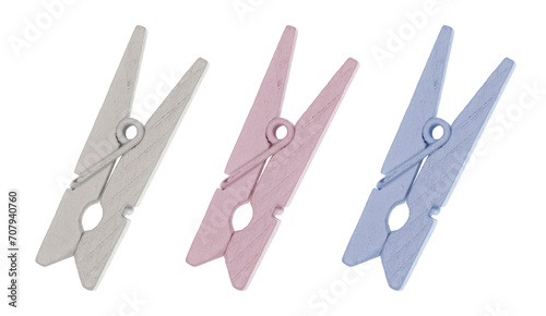 Set of 3 Wooden Pegs. off-White, Pastel Blue ane Light Pink Clothespins. No Background. Laundry equipment.