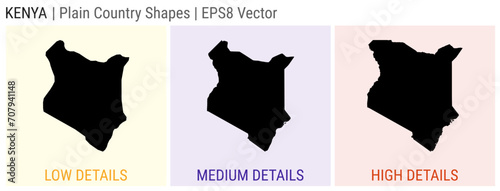 Kenya - plain country shapes. Low, medium, and high detailed maps of Kenya. EPS8 Vector illustration.