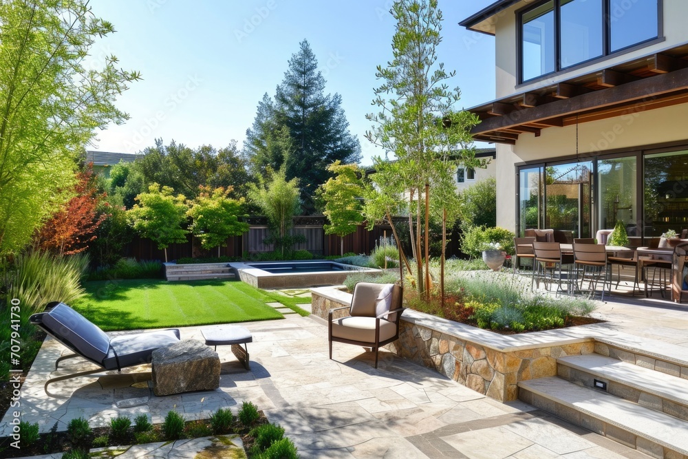 Luxurious American Backyard Landscape Design | Beautiful Patio Area with Blue Chairs, Concrete Floor, and Lush Lawn