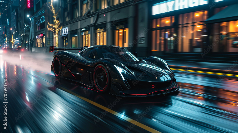 A matte black supercar with red accents speeding down a rain-slicked urban street at night