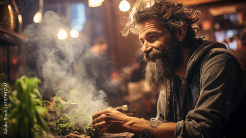 middle-aged man sitting in a cannabis store. man smoking marijuana. CBD photo